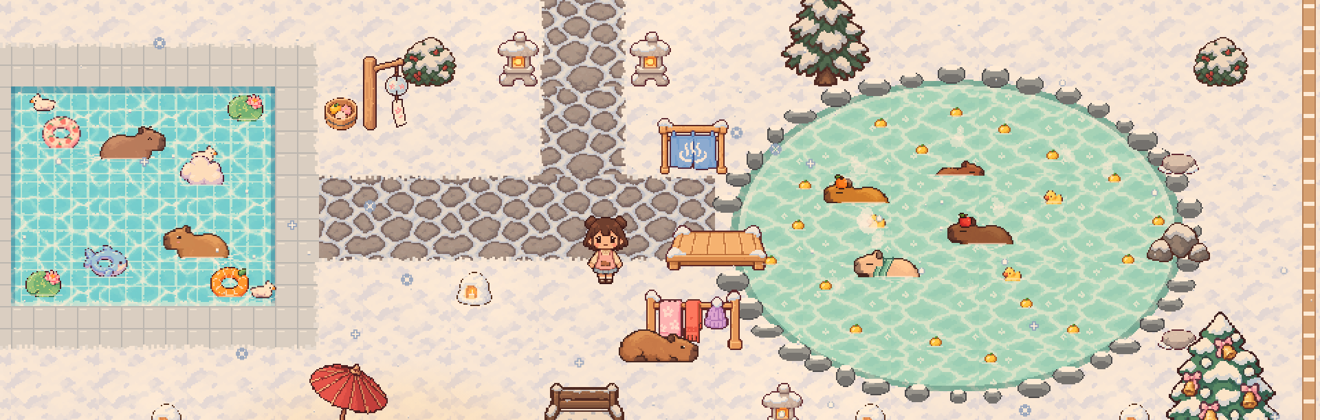 Pixel art of the shop’s snowy yard: capybaras in a swimming pool and a hot spring, stone lanterns and a girl in an apron