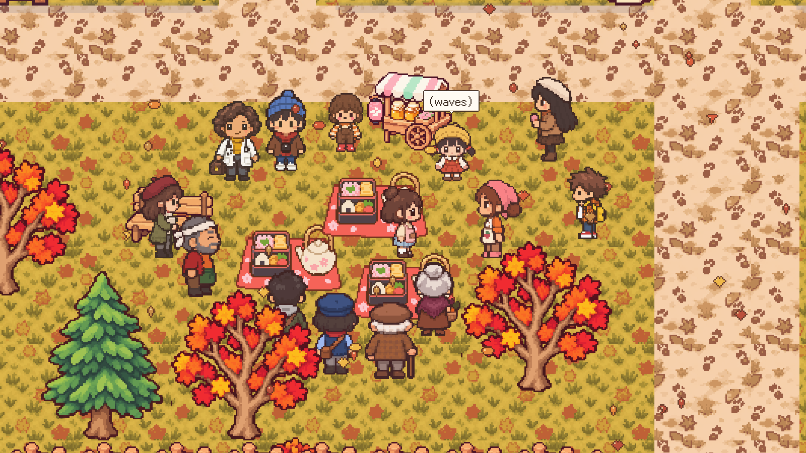 Picnic mats under red and orange maple trees, the townsfolk gathered round