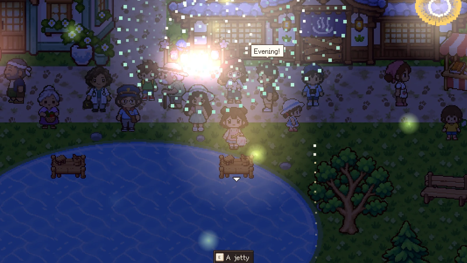 Fireworks bursting at night over the townsfolk gathered on the path above a dark pond