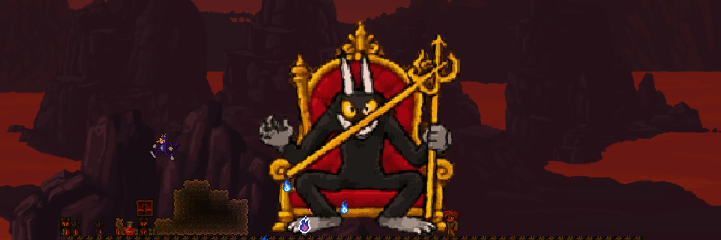 In-game screenshot: the Devil, a grinning black figure with horns and a trident, on a red-and-gold throne in Terraria’s underworld