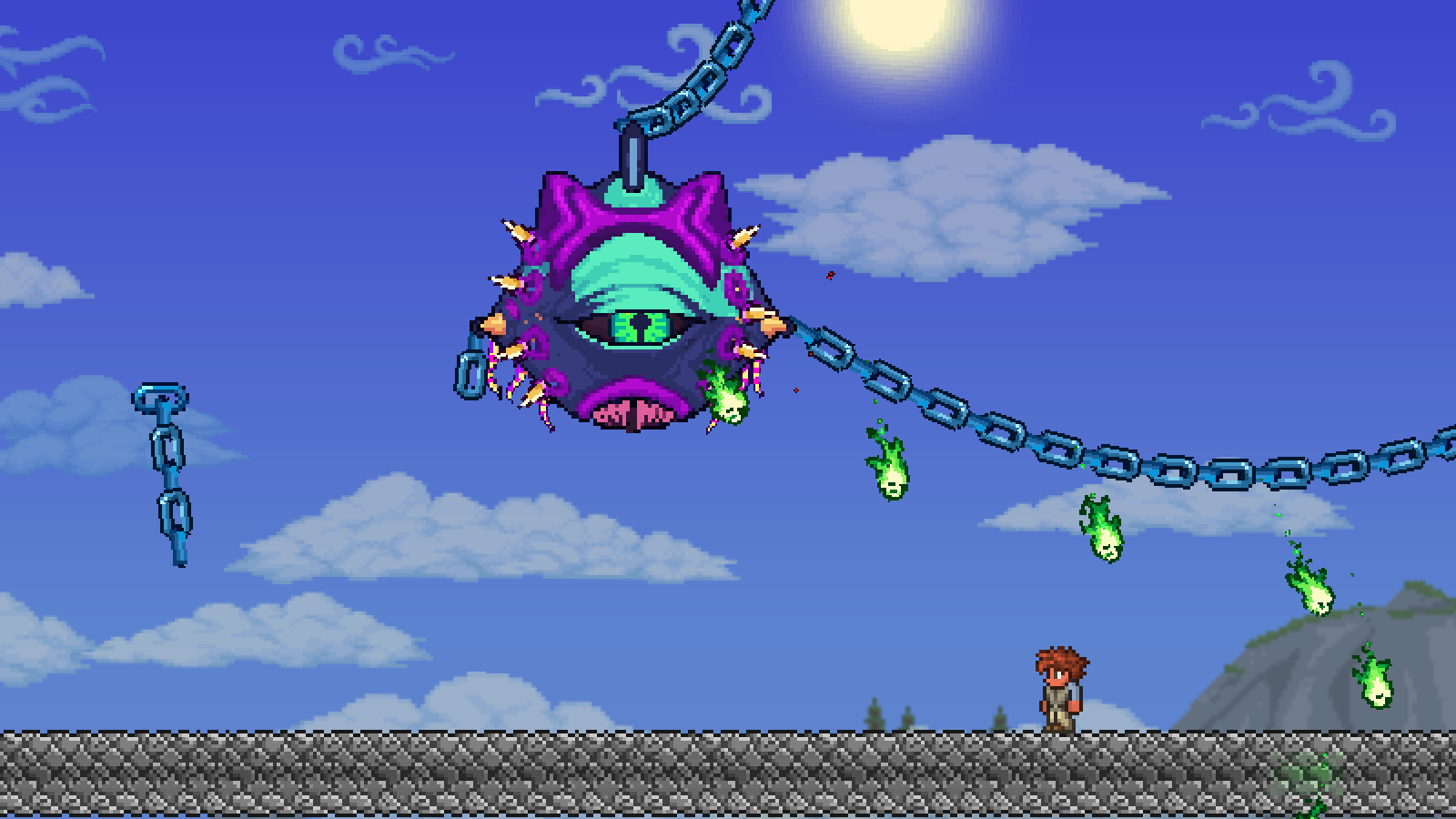 Conjunctivius, a spiked purple eyeball creature, hanging from chains in the sky