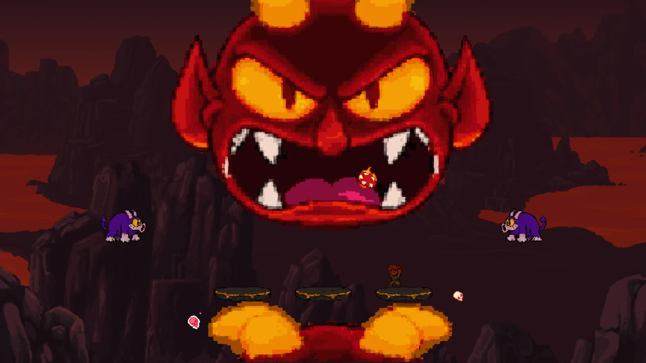 The Devil’s giant red head with yellow eyes and fangs, filling the screen above small platforms