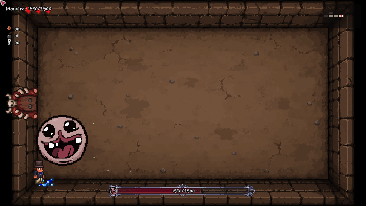 A top-down stone basement room: Monstro, a big pink blob with a gaping grin, right beside the player
