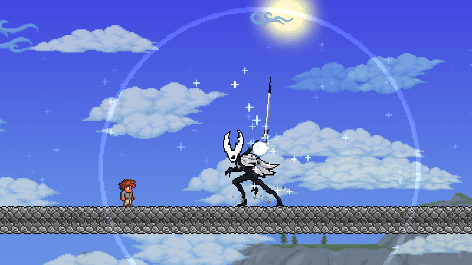 The Pure Vessel, a slender white-masked knight, focusing inside a ring of light