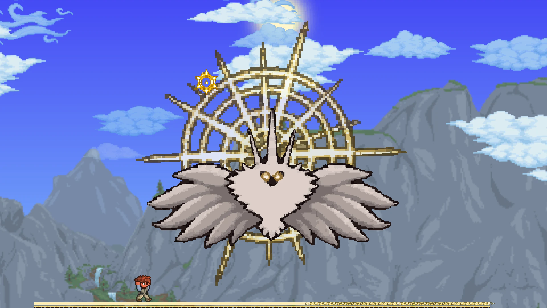 The Absolute Radiance, a pale winged moth-god inside a golden halo of spikes, above a valley