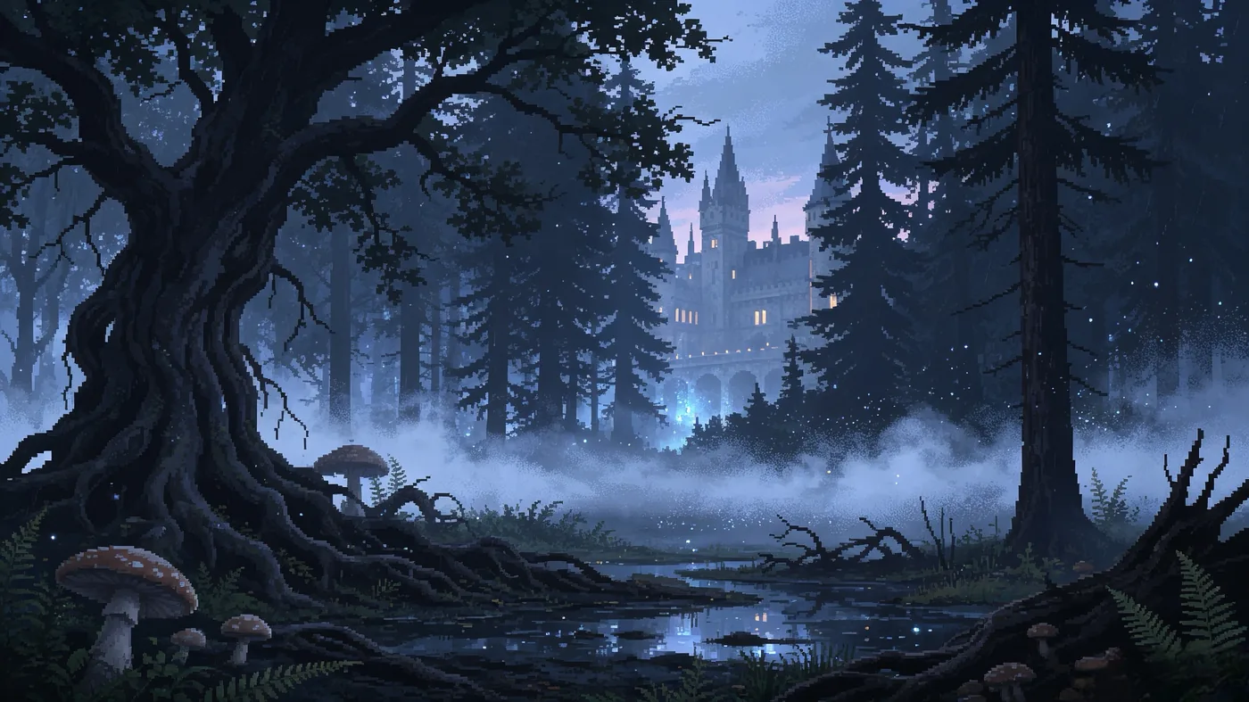 The Forbidden Forest at night